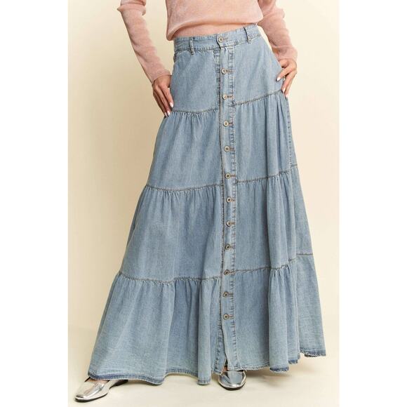 DAVI & DANI Dresses & Skirts - Denim Button-Front Ruffle Hem Maxi Skirt